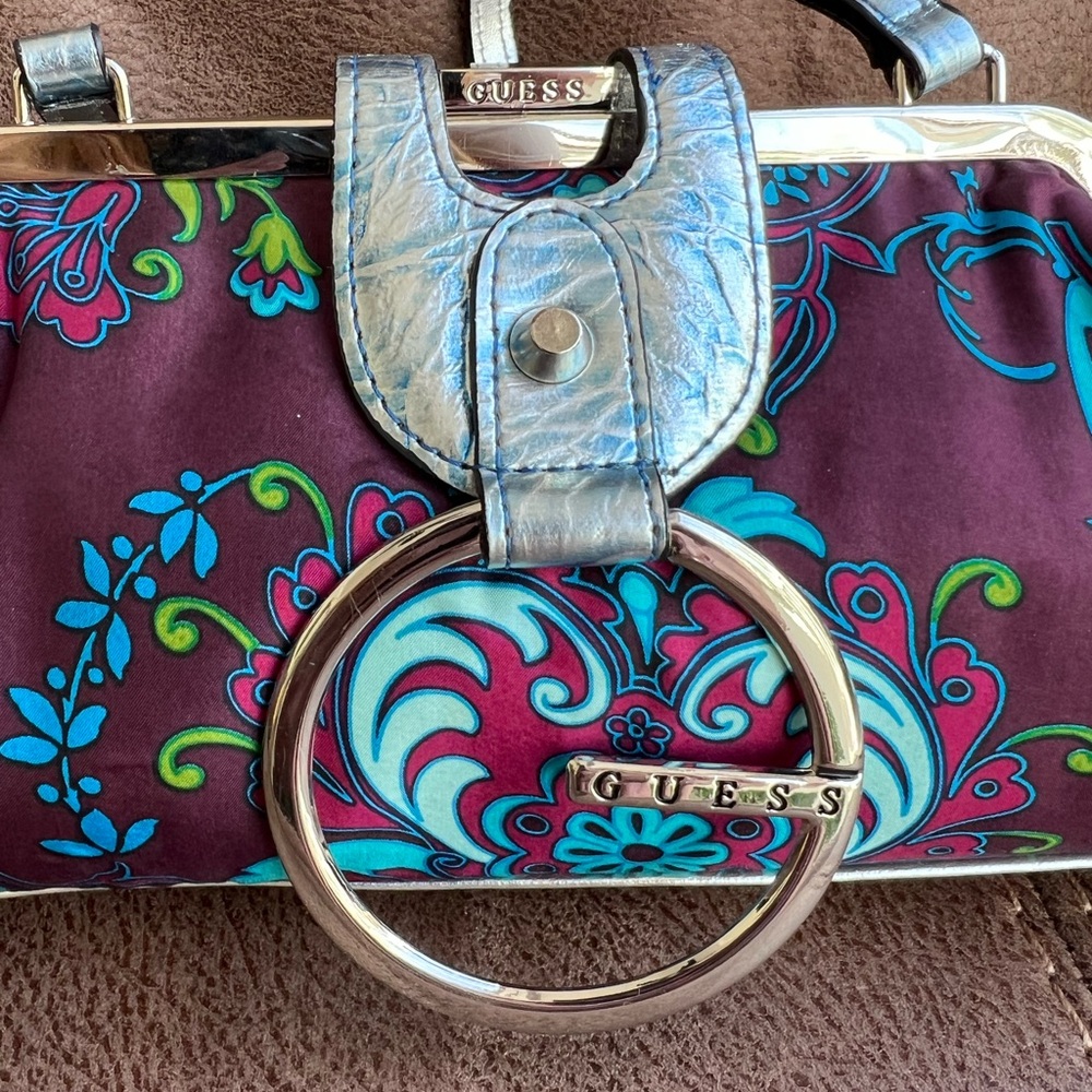 Guess Floral Blue and Silver  Metallic Clutch - Picture 6 of 7